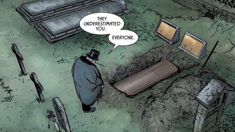 Penguin at Penny Cobblepot's gravesite