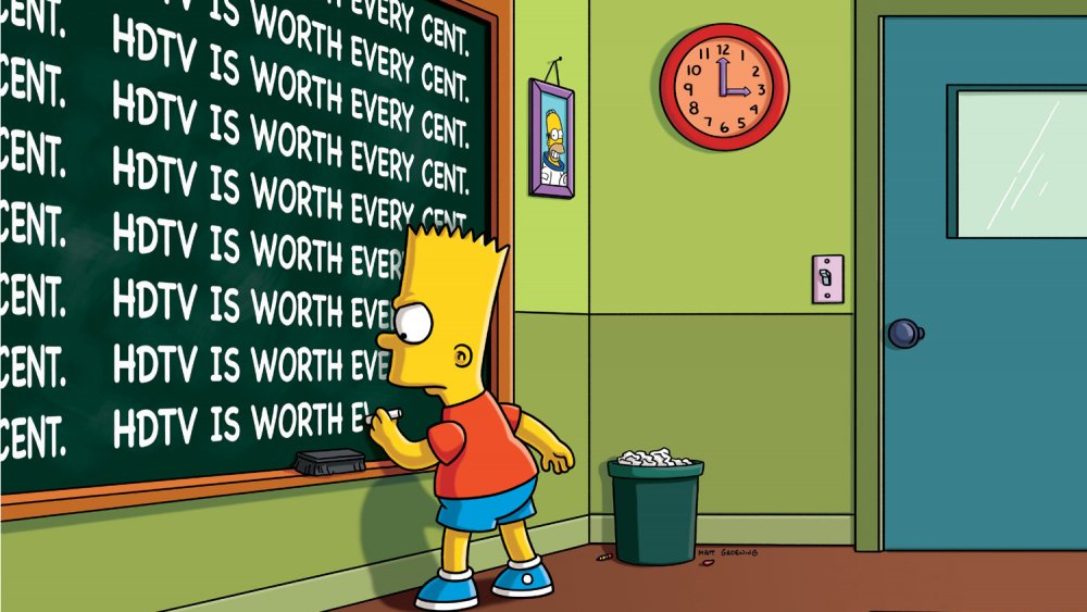 Bart Simpson writing 'HDTV is worth every cent' on a chalk board in The Simpsons