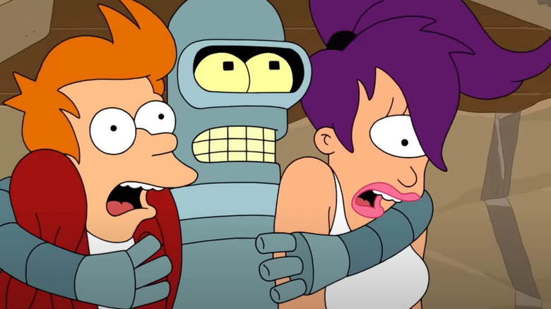 Bender hugging Fry and Leela