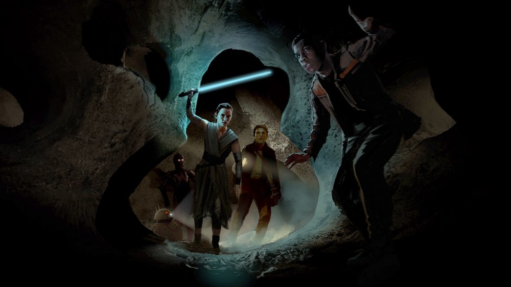 Rey, Poe, Finn, and C-3PO explore caves in The Rise of Skywalker concept art