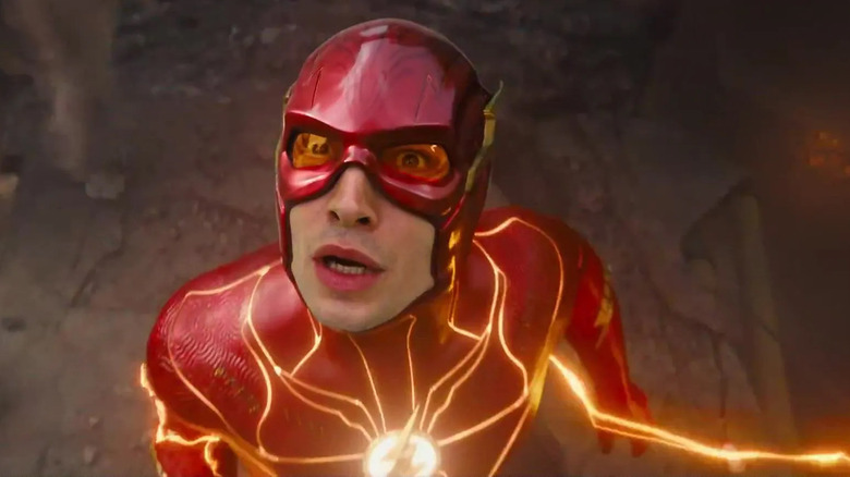 Barry Allen looking shocked as electricity crackles around him in The Flash (2023)