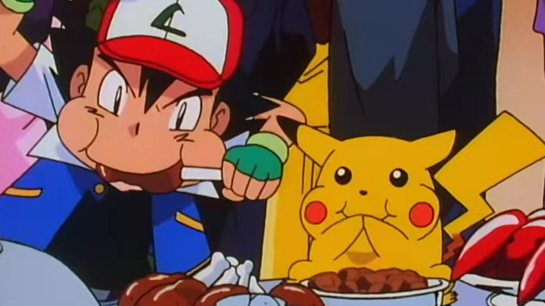 Ash and Pikachu eating