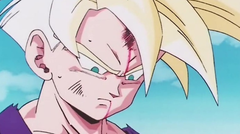 A wounded Gohan looks downward