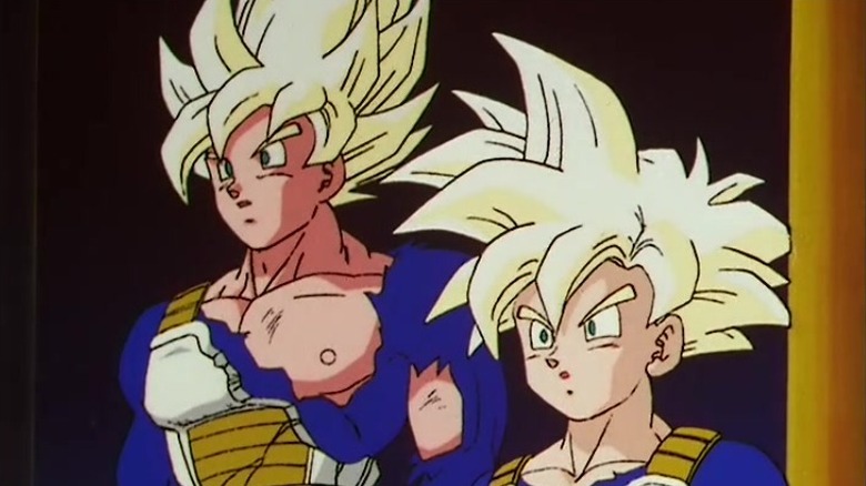 Goku and Gohan in tattered Saiyan uniforms