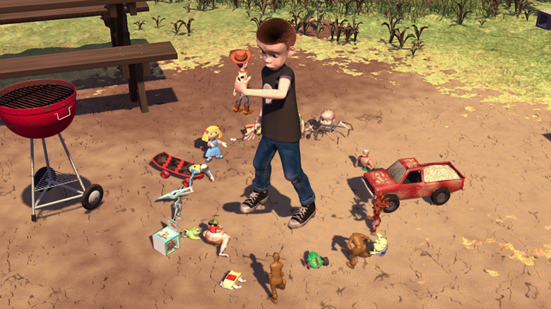 Sid surrounded by toys in Toy Story