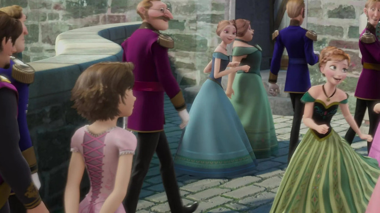 Flynn and Rapunzel arriving to Elsa's coronation