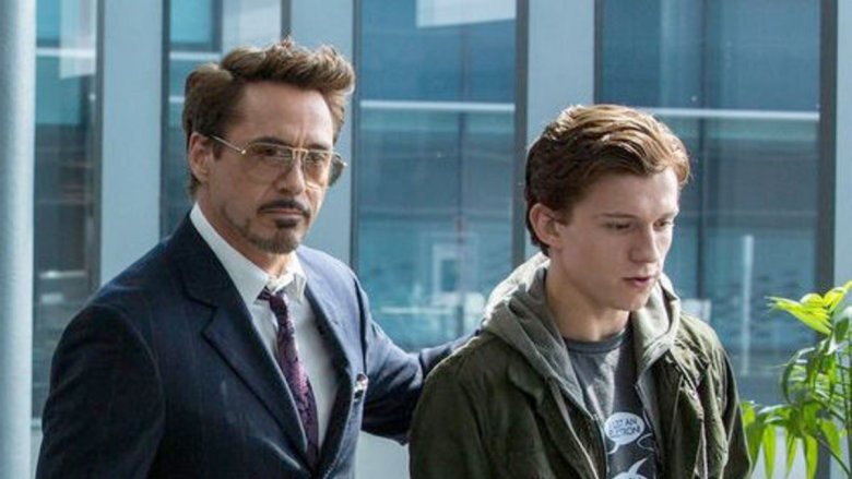 Ropbert Downey Jr. as Tony Stark and Tom Holland as Peter Parker in Spider-Man: Homecoming