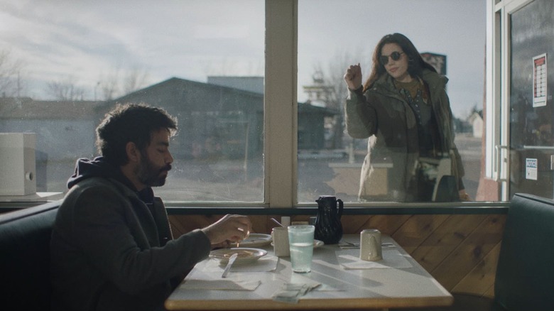 Teddy eating in a diner