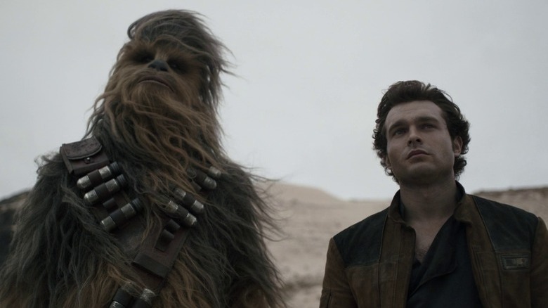 Han Solo and Chewbacca look up