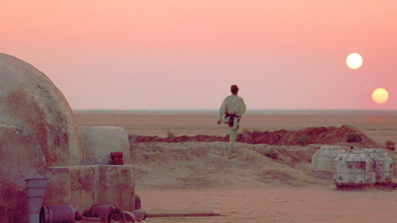 Luke Skywalker looking at the binary sunset