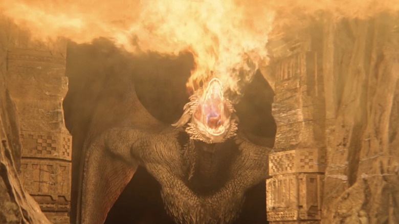 Dreamfyre breathing a cloud of flames in a temple in House of the Dragon (2024)