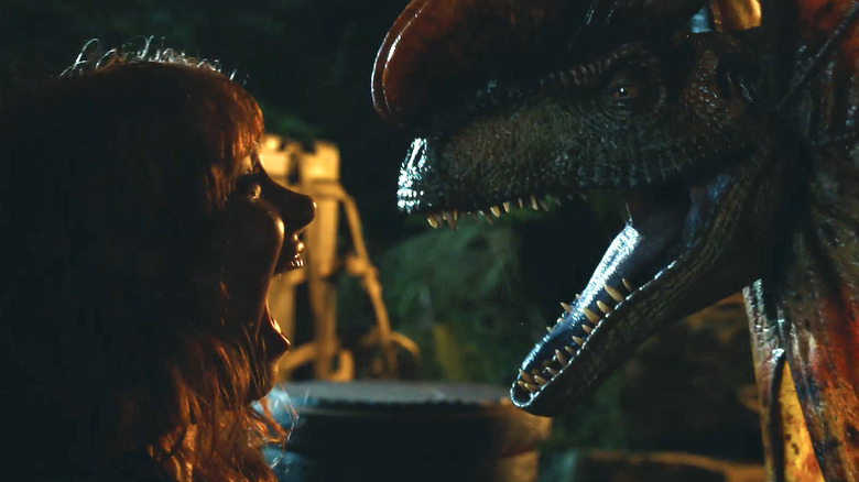 Bryce Dallas Howard face to face with dinosaur 