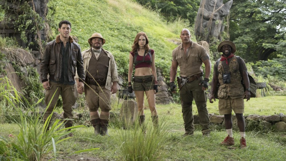 Nick Jonas, Jack Black, Karen Gillan, Dwayne Johnson, and Kevin Hart in Jumanji: Welcome to the Jungle