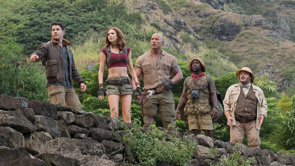 Nick Jonas, Jack Black, Karen Gillan, Dwayne Johnson, and Kevin Hart in Jumanji: Welcome to the Jungle