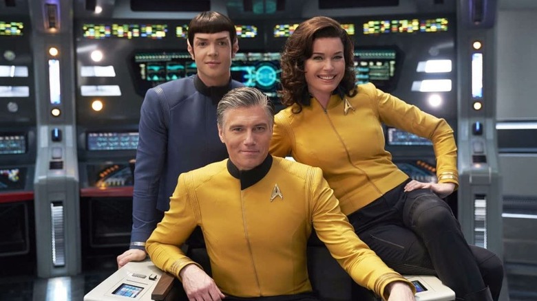 Ethan Peck, Anson Mount and Rebecca Romijn in "Star Trek: Brave New Worlds"