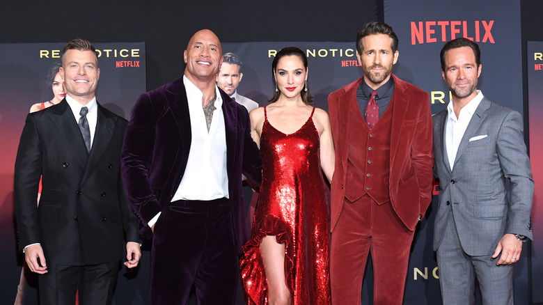 Rawson Marshall Thurber, Dwayne Johnson, Gal Gadot, Ryan Reynolds and Chris Diamantopoulos at the "Red Notice" premiere.