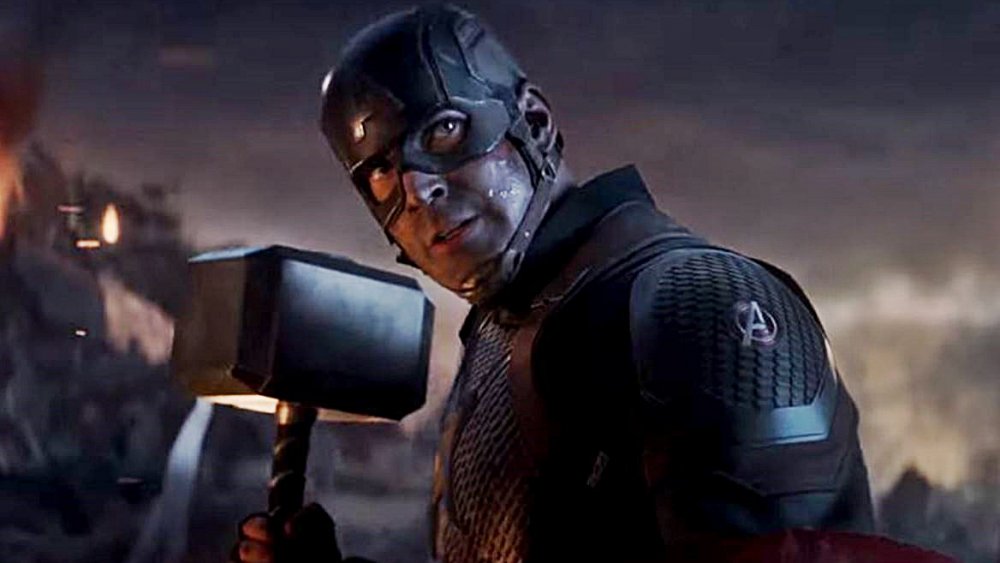 Chris Evans as Steve Rogers, AKA Captain America, wielding Mjolnir in Avengers: Endgame