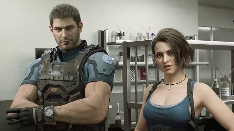 Chris Redfield and Jill Valentine standing in lab