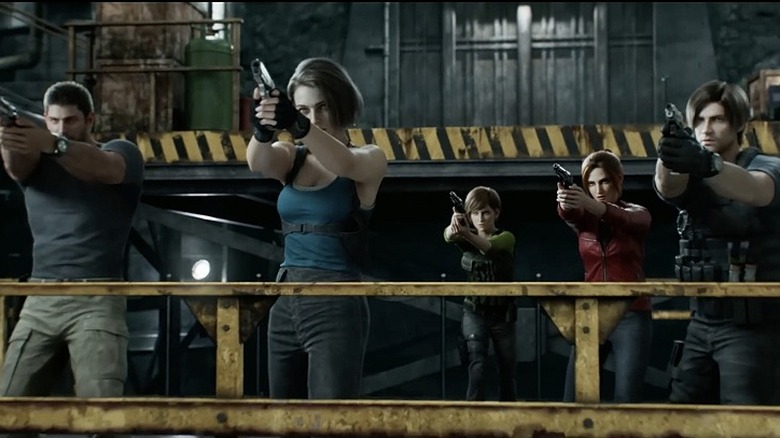 Jill, Chris, Rebecca, Leon, and Claire holding guns