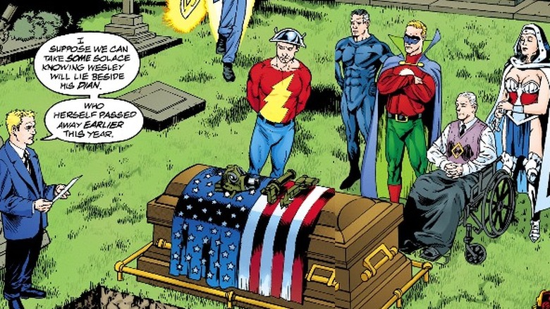 Superheroes mourning during funeral