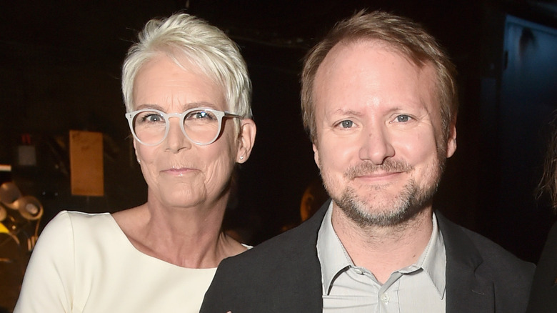 Rian Johnson and Jamie Lee Curtis smiling