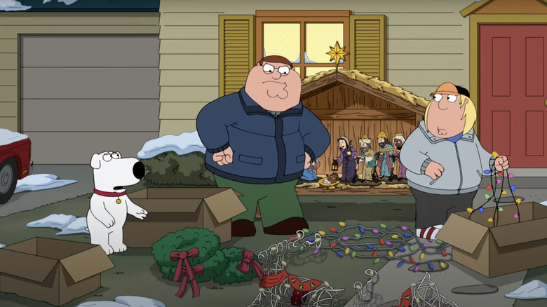 Peter Griffin setting up Christmas decorations