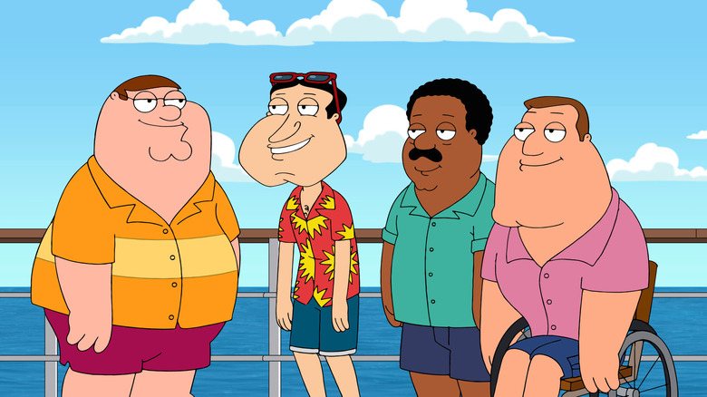 Peter Griffin standing with his friends on a ship