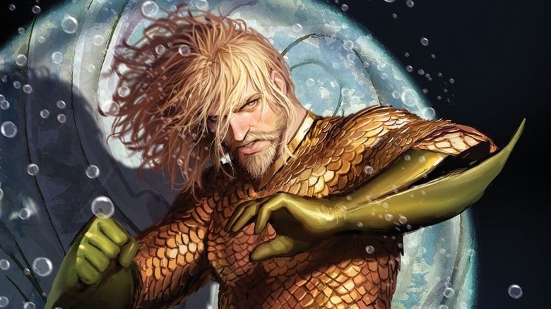 Aquaman with shell behind him