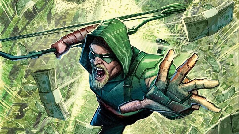 Green Arrow in an explosion of money