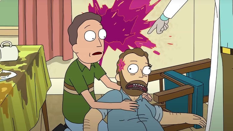 Jerry holding Uncle Steve's dead body after Rick shot him