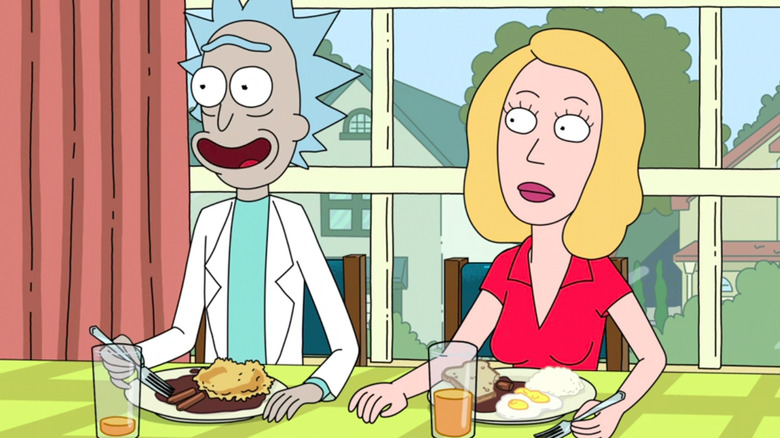 Rick and Beth eating together on Rick and Morty