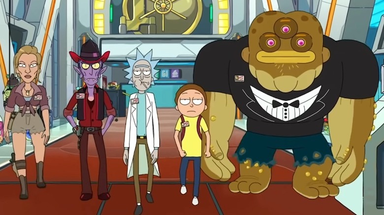 Rick and Morty walk on red floor with other characters