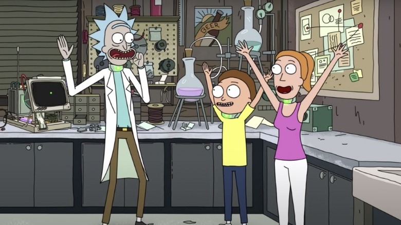 Rick, Morty, and Summer raising arms