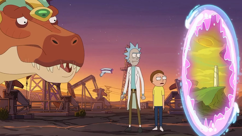 Rick, Morty and Dinosaur staring at portal