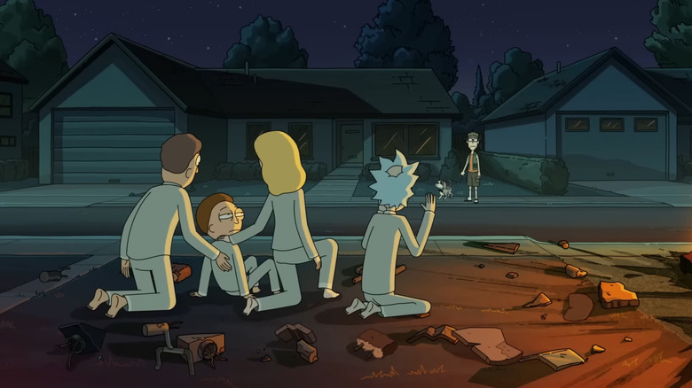 Beth, Jerry, and Morty Smith, along with Rick Sanchez, on Rick and Morty