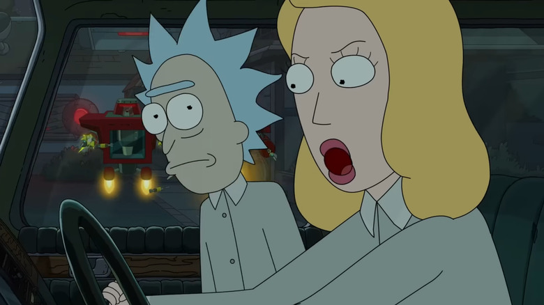 Rick Sanchez and Beth Smith are pursued by killbots on Rick and Morty