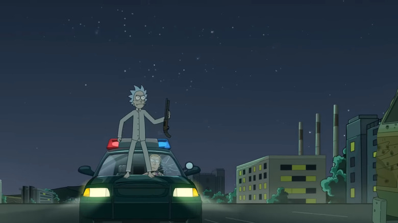 Rick wields a shotgun on Rick and Morty