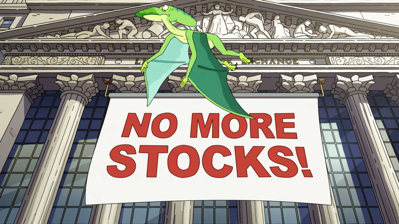 A pterodactyl closes the Wall Street Stock Exchange on Rick and Morty