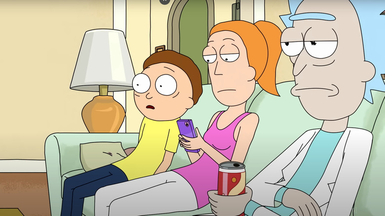 Morty, Rick, and Summer sit