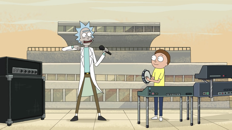 Rick and Morty performing on the stage