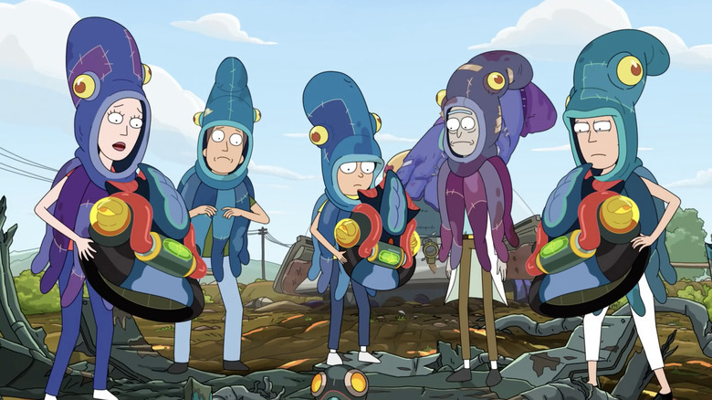 Rick Sanchez and Smith family wearing squid costumes holding squid helmets