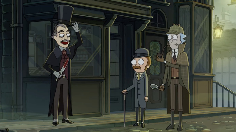 Rick and Morty wearing Victorian Era clothes in front of Jack the Ripper