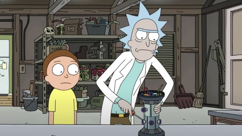 Morty and Rick working in the garage