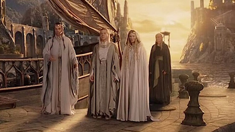 Círdan behind Elrond, Celeborn, and Galadriel