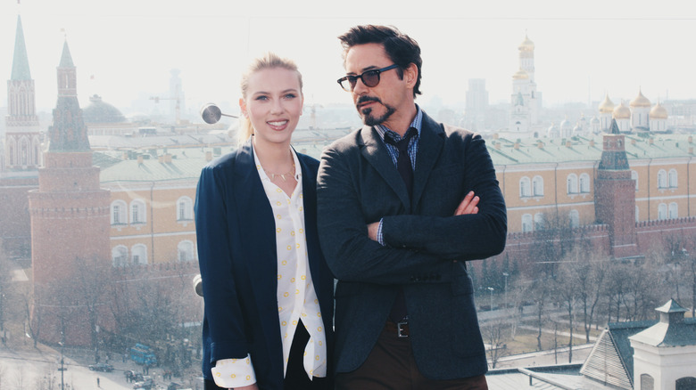 Scarlett Johansson, Robert Downey Jr. at The Avengers photocall at rooftop of Ritz-Carlton hotel