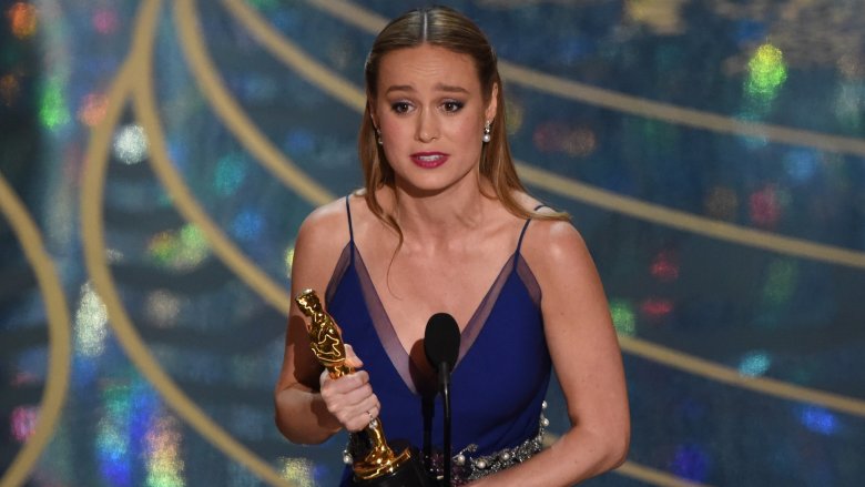 Brie Larson holds her best actress Oscar for The Room