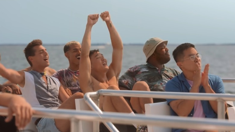 Noah, Howie, Luke, Keegan, and Max sitting in a boat