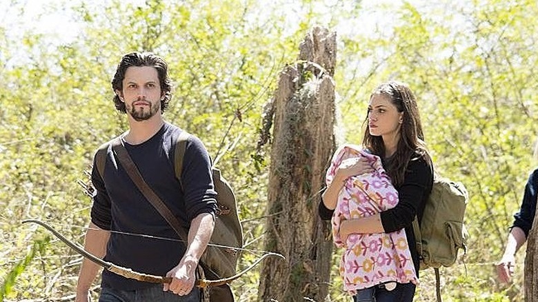 Jackson, Hayley, and infant Hope in the woods The Originals