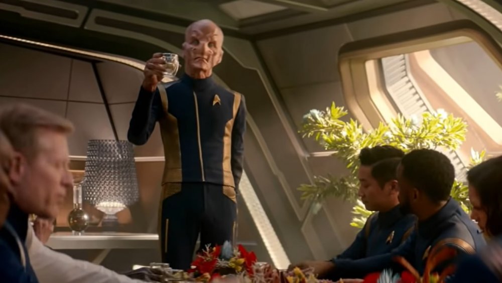 Commander Saru (Doug Jones) toasts the crew on Star Trek: Discovery