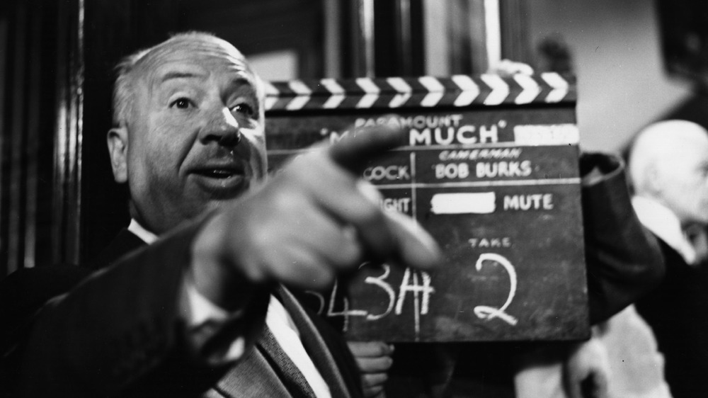 Alfred Hitchcock pointing. 